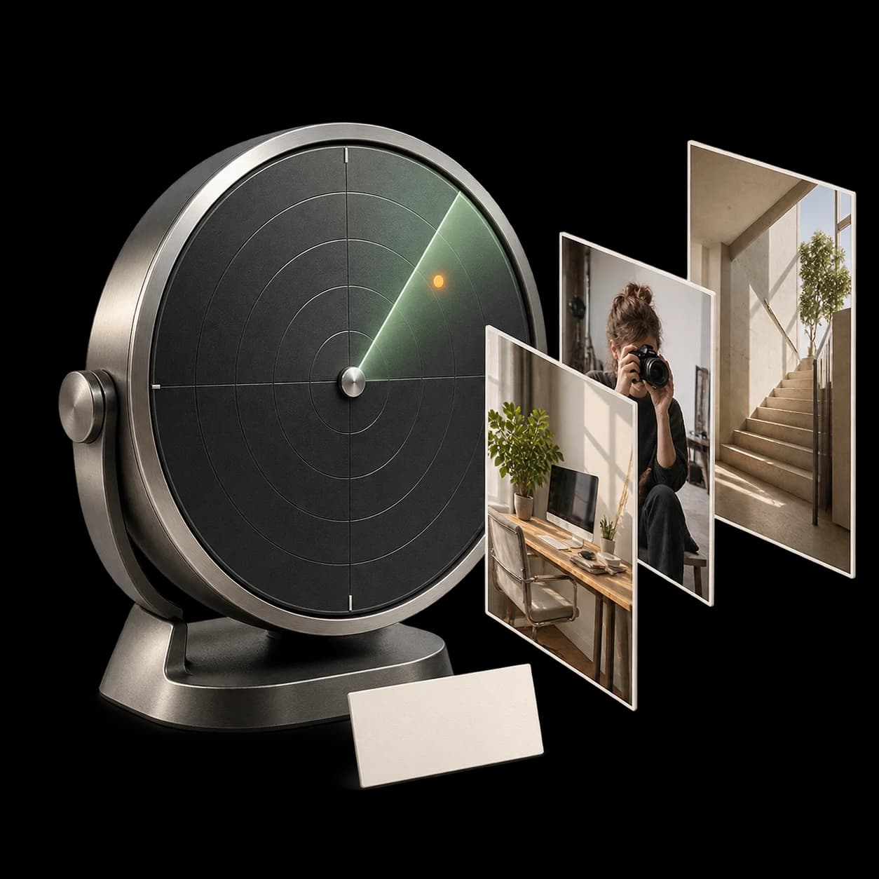 A sculpted Radar scanner finding a signal among photographic content references.